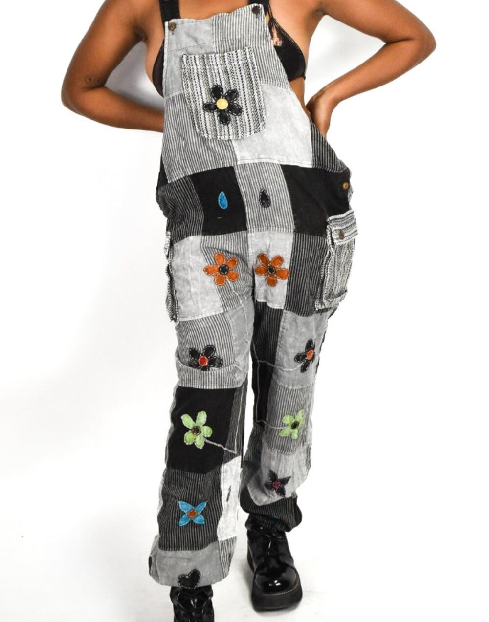 Rising International Patchwork Art Boho Festival Overalls, XL